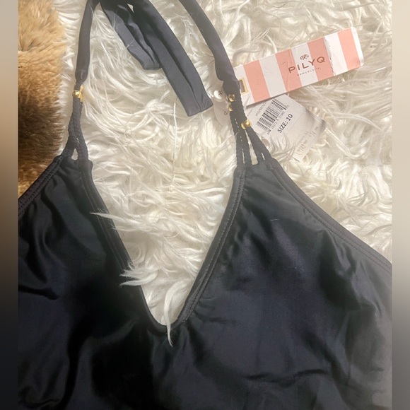 PQ Swim Midnight Gold Braided Black Halter One-Piece Swimsuit! Sz 10! So Chic! - Picture 2 of 6